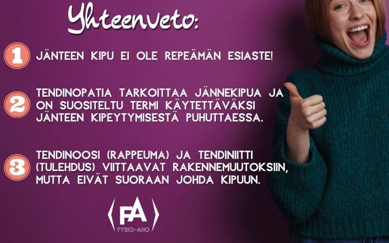 Jänteen kipu ei ole repeämän esiaste! Tendinopatia tarkoittaa jännekipua ja on suositeltu termi käytettäväksi jänteen kipeytymisestä puhuttaessa. Tendinoosi (rappeuma) ja tendiniitti (tulehdus) viittaavat rakennemuutoksiin, mutta eivät suoraan johda kipuun.