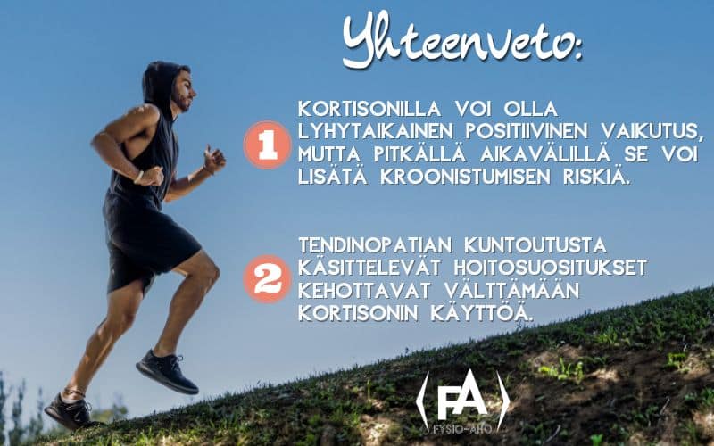 Kortisonilla voi olla lyhytaikainen positiivinen vaikutus, mutta pitkällä aikavälillä se voi lisätä kroonistumisen riskiä.
Tendinopatian kuntoutusta käsittelevät hoitosuositukset kehottavat välttämään kortisonin käyttöä.